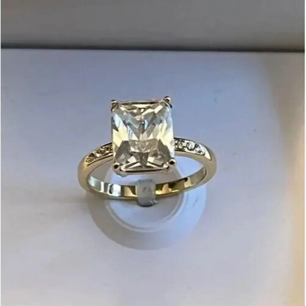 Charter Club Gold Tone Emerald-Crystal Engagement Ring Size 10 New